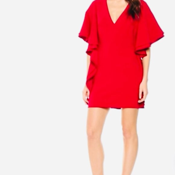 Halston V-Neck Flounce Sleeve Mini Dress (Red) size:12 - Picture 6 of 6